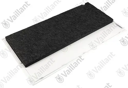 Vaillant-Produkt besteht aus einer schwarzen Filzmatte und einer transparenten Platte, möglicherweise Teil eines Heizsystems oder Wärmepumpenmoduls.